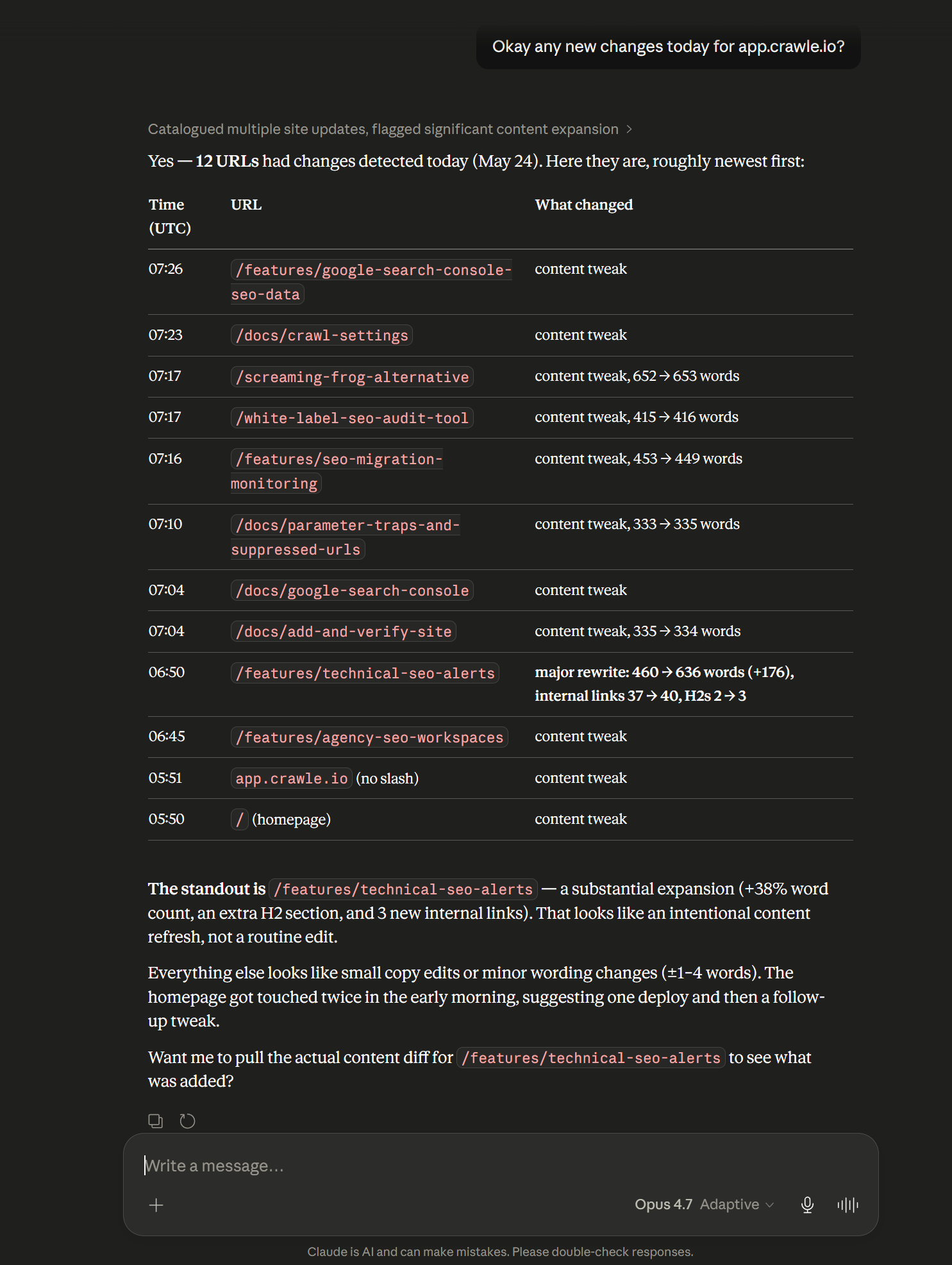 Claude using the Crawle MCP connector to list detected changes on app.crawle.io by time, URL, and changed field.