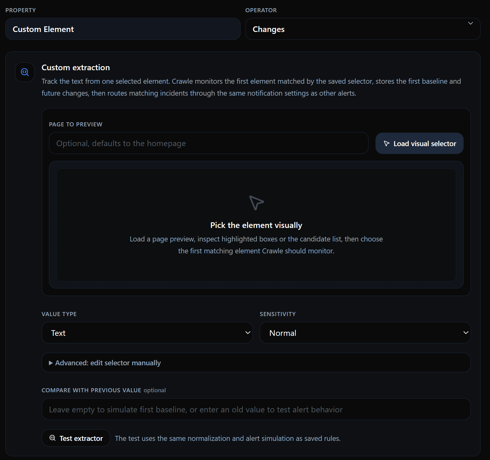 Crawle custom extraction rule builder showing custom element, change operator, page preview, visual selector loader, value type, sensitivity, and test extractor control.