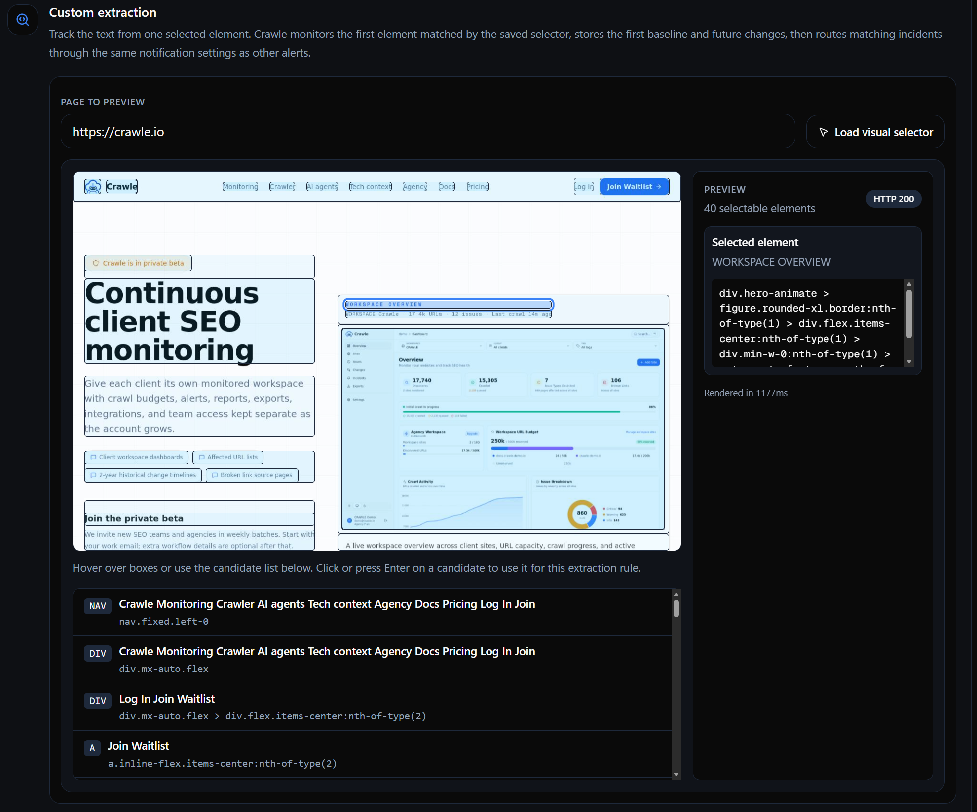 Crawle visual selector showing a rendered crawle.io page with highlighted selectable elements, a candidate list, selected element preview, selector, and HTTP status.