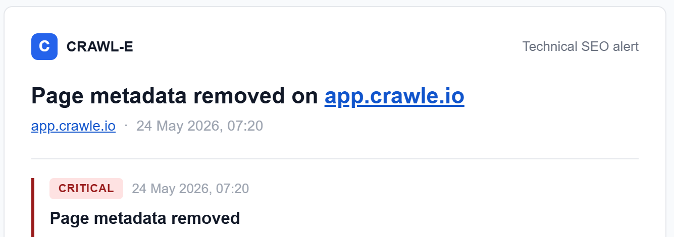 Crawle technical SEO alert email showing severity, affected URL count, status, sample page, and alert link.