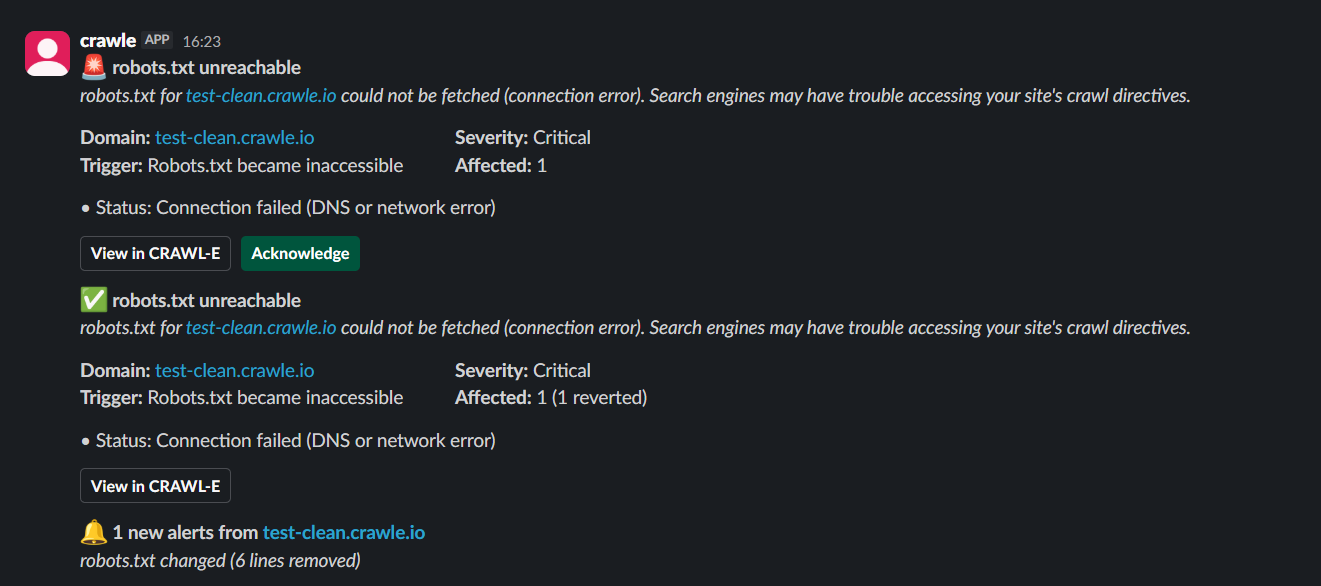 Crawle Slack notification showing a critical robots.txt alert, severity, trigger, affected count, and action buttons.