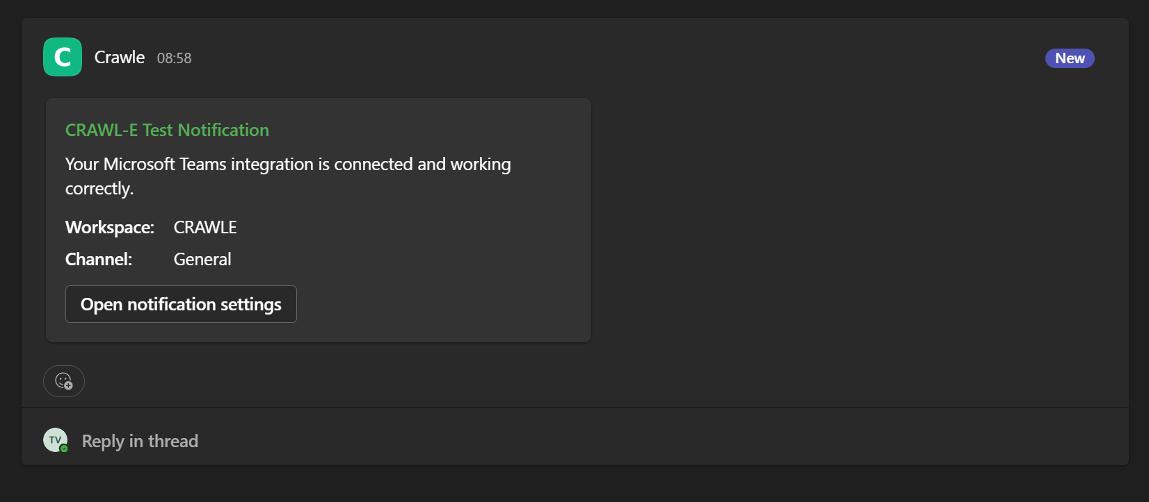 Crawle Microsoft Teams notification card confirming workspace and channel delivery.