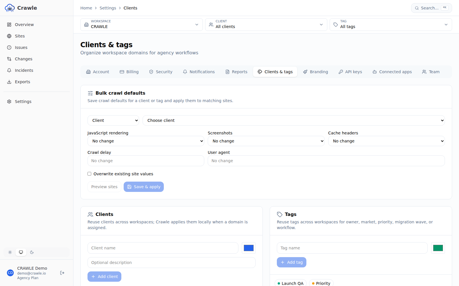 Crawle clients and tags settings page showing agency workspace organization and bulk crawl defaults.